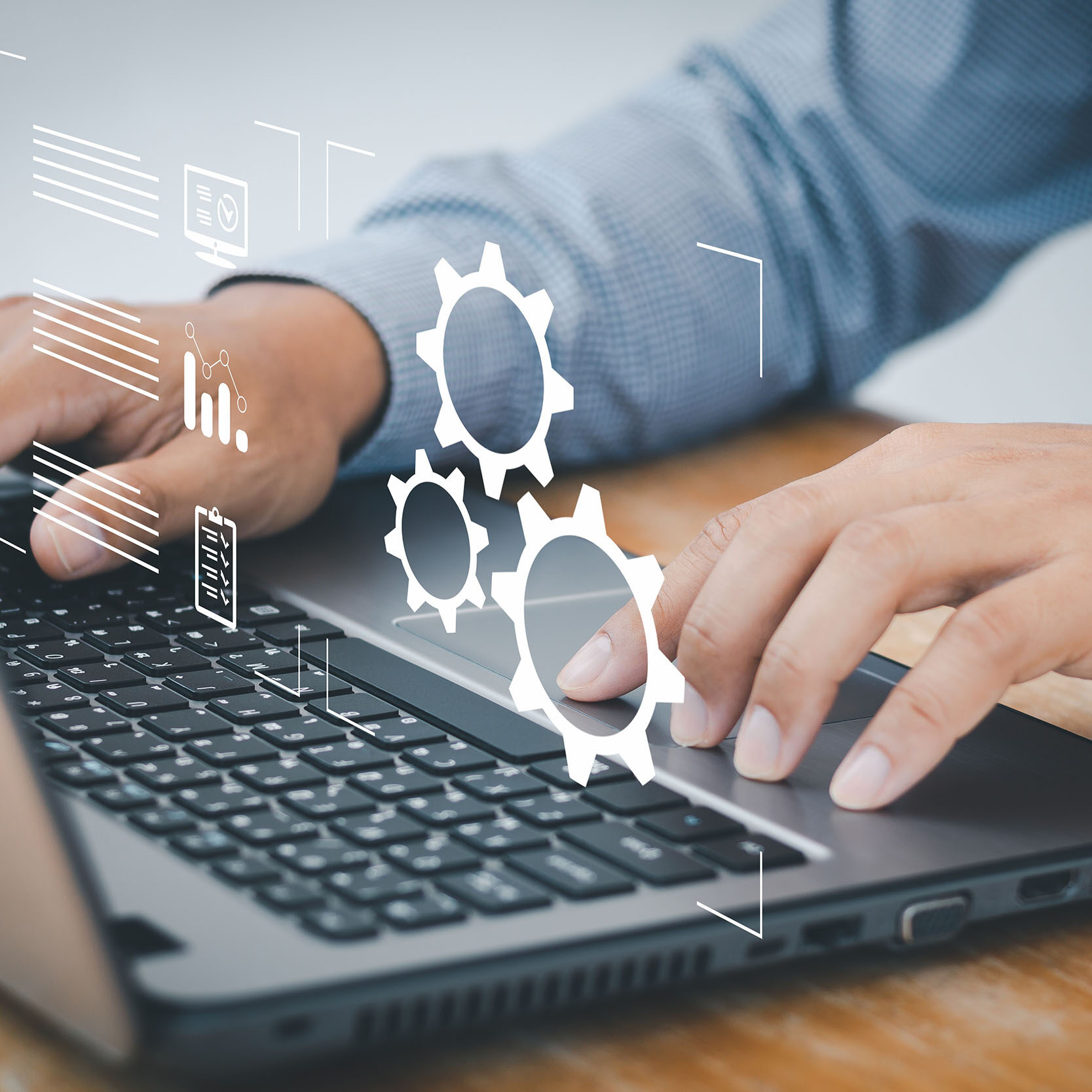 Person working on computer laptop. automation, industrial business process workflow optimisation concept on virtual digital screen. Automation Software Technology Process System Business concept.